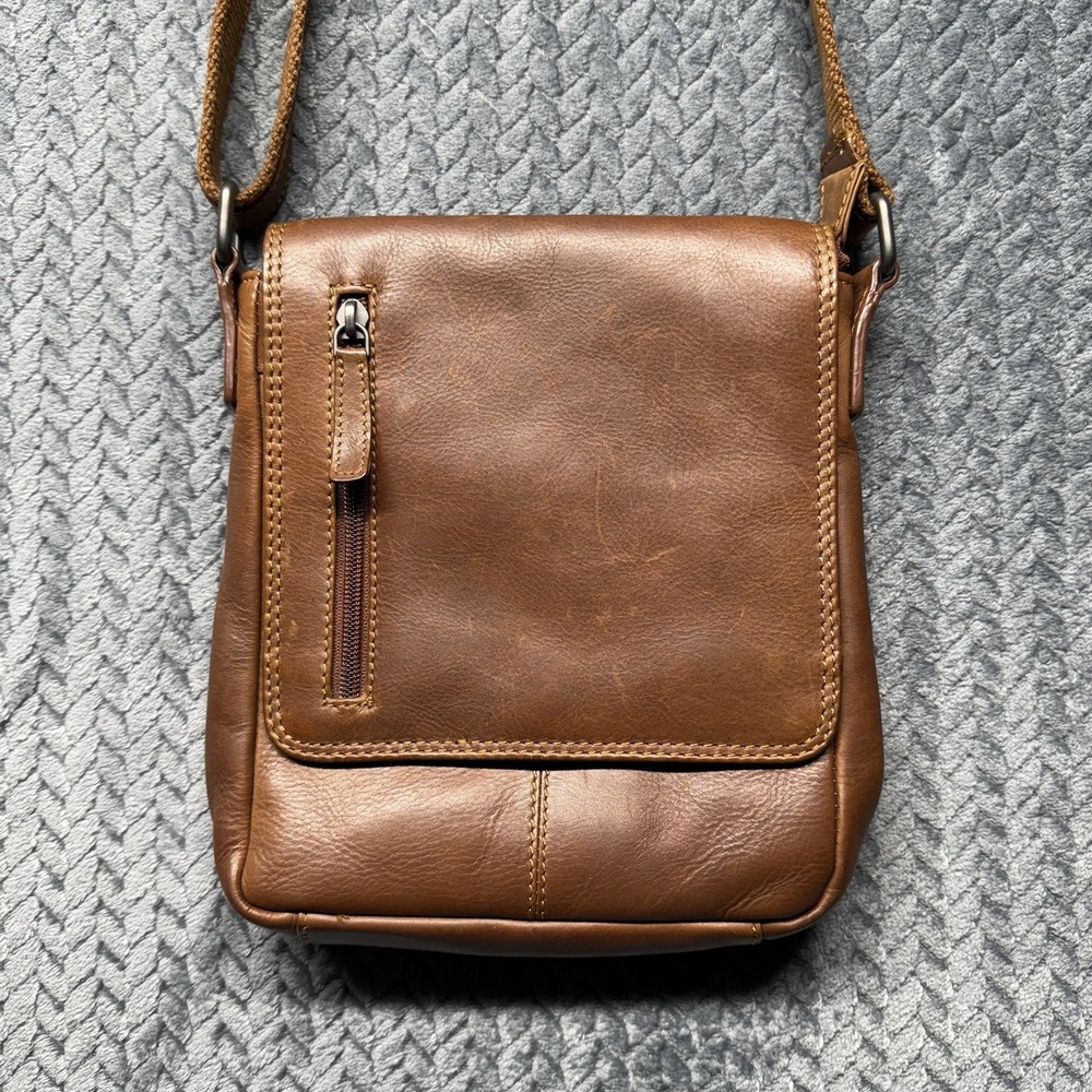 HUNT Genuine Leather Crossbody Bag Purse with Tartan Lining — Brown